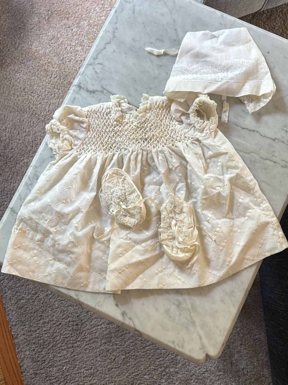 Ivory Baby Dress with Bonnet and Booties